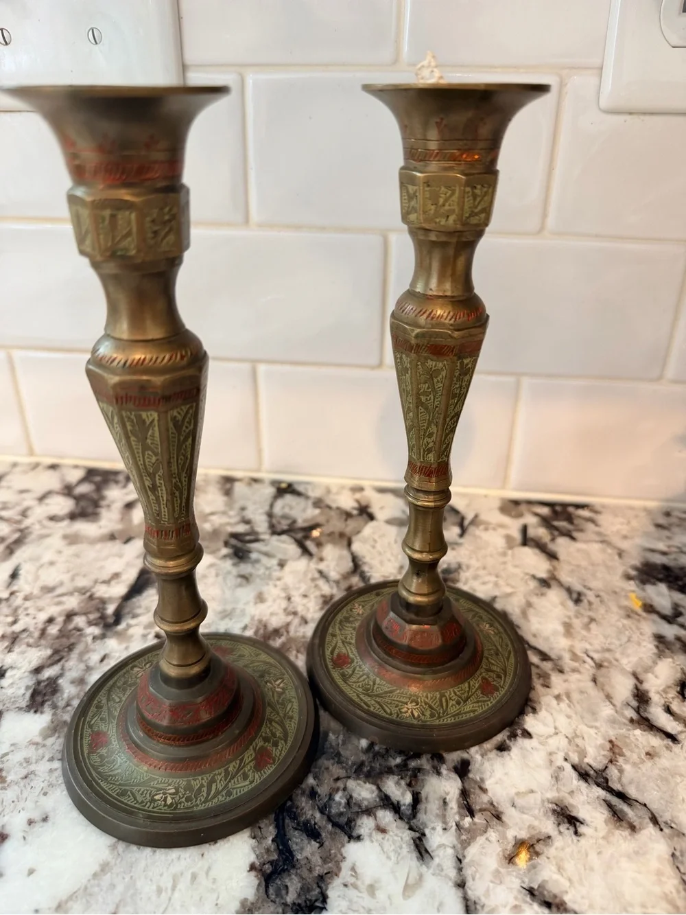 Vintage 1982 Stamped Indian Brass & Enamel Candlesticks – Matching Pair